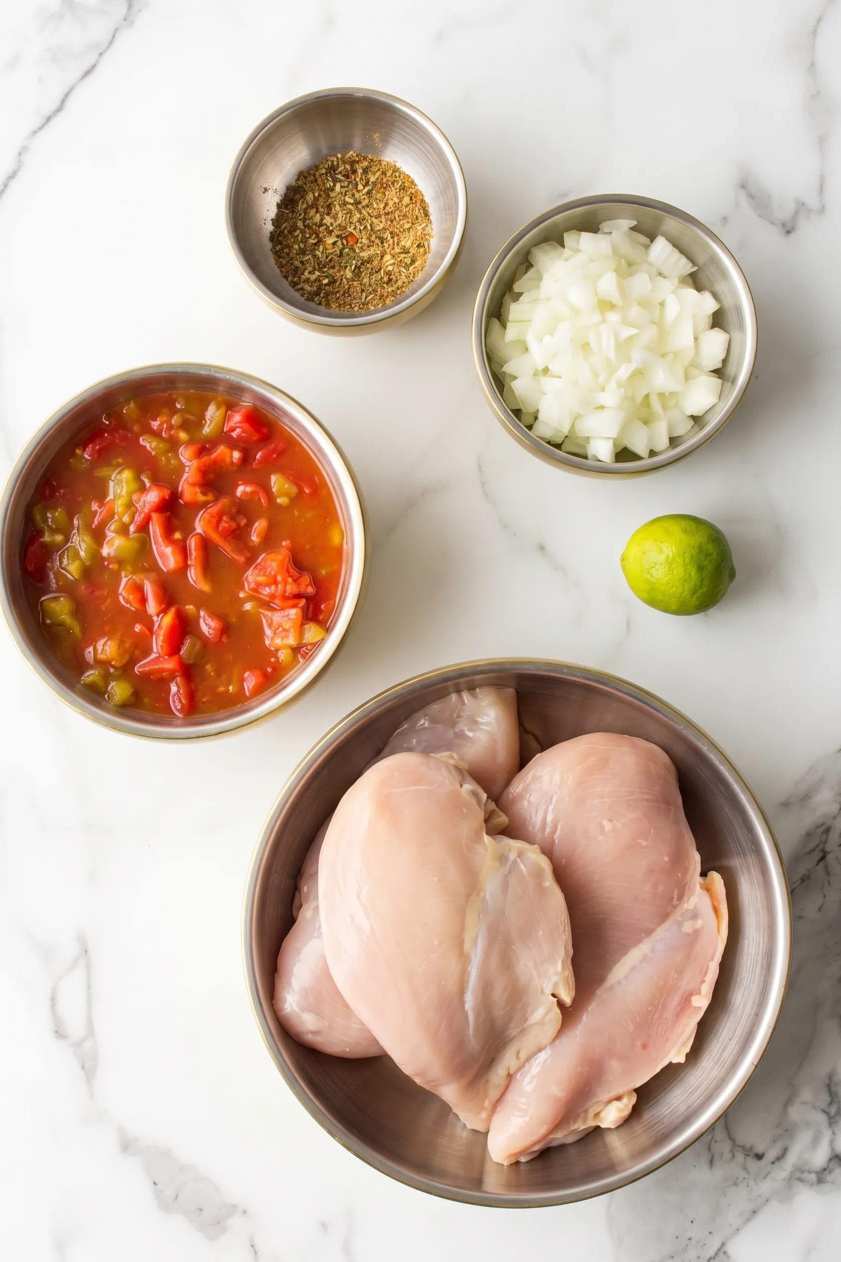 Crockpot Chicken Tacos ingredients Overhead view of ingredients for Crockpot Chicken Tacos arranged on a white marble surface, featuring raw chicken breasts, a mixture of diced tomatoes and green chilies, diced onions, taco seasoning in metal bowls, and a whole lime.