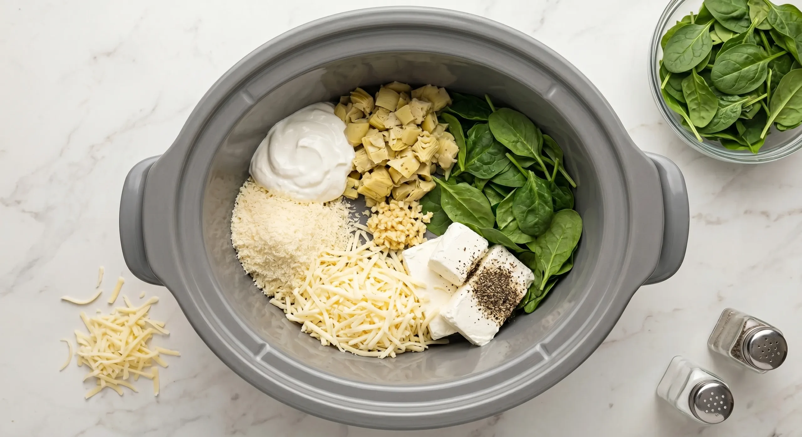 Crockpot Spinach Artichoke Dip ingredients Top-down view of ingredients_result.jpg, showing a grey slow cooker pot on a white marble surface filled with separate, unmixed piles of fresh spinach, chopped artichoke hearts, sour cream, grated parmesan, shredded mozzarella cheese, minced garlic, and cream cheese blocks sprinkled with black pepper.