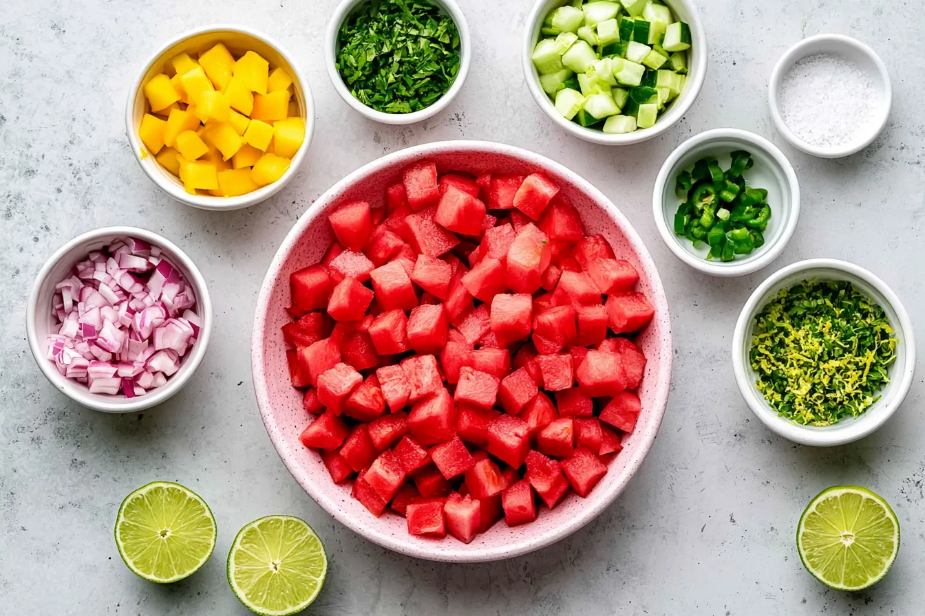 An overhead flat-lay of prepped ingredients on a light gray surface, featuring a large central bowl of cubed watermelon surrounded by smaller bowls of diced mango, red onion, cilantro, cucumber, jalapeños, salt, lime zest, and fresh lime halves.