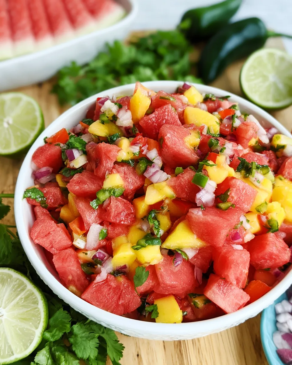 A close-up view of a white bowl filled with chunky watermelon, mango, and red onion salsa, surrounded by fresh limes, whole jalapeños, and cilantro on a wooden board.