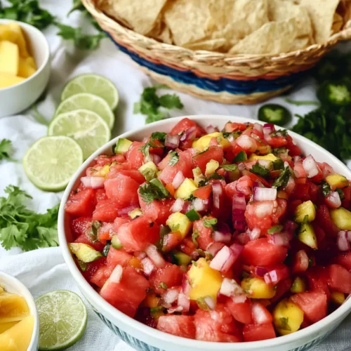 A close-up of a large bowl filled with vibrant, chunky watermelon mango salsa, surrounded by lime slices, fresh cilantro, and baskets of tortilla chips.