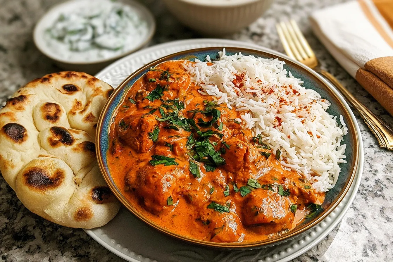 Authentic-Chicken-Tikka-Masala Creamy tomato curry with chicken, served with fluffy basmati rice and naan, garnished with fresh cilantro.
