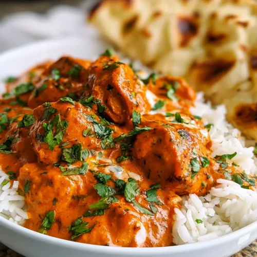 Chicken Tikka Masala served on white rice, garnished with fresh herbs, with naan in the background.