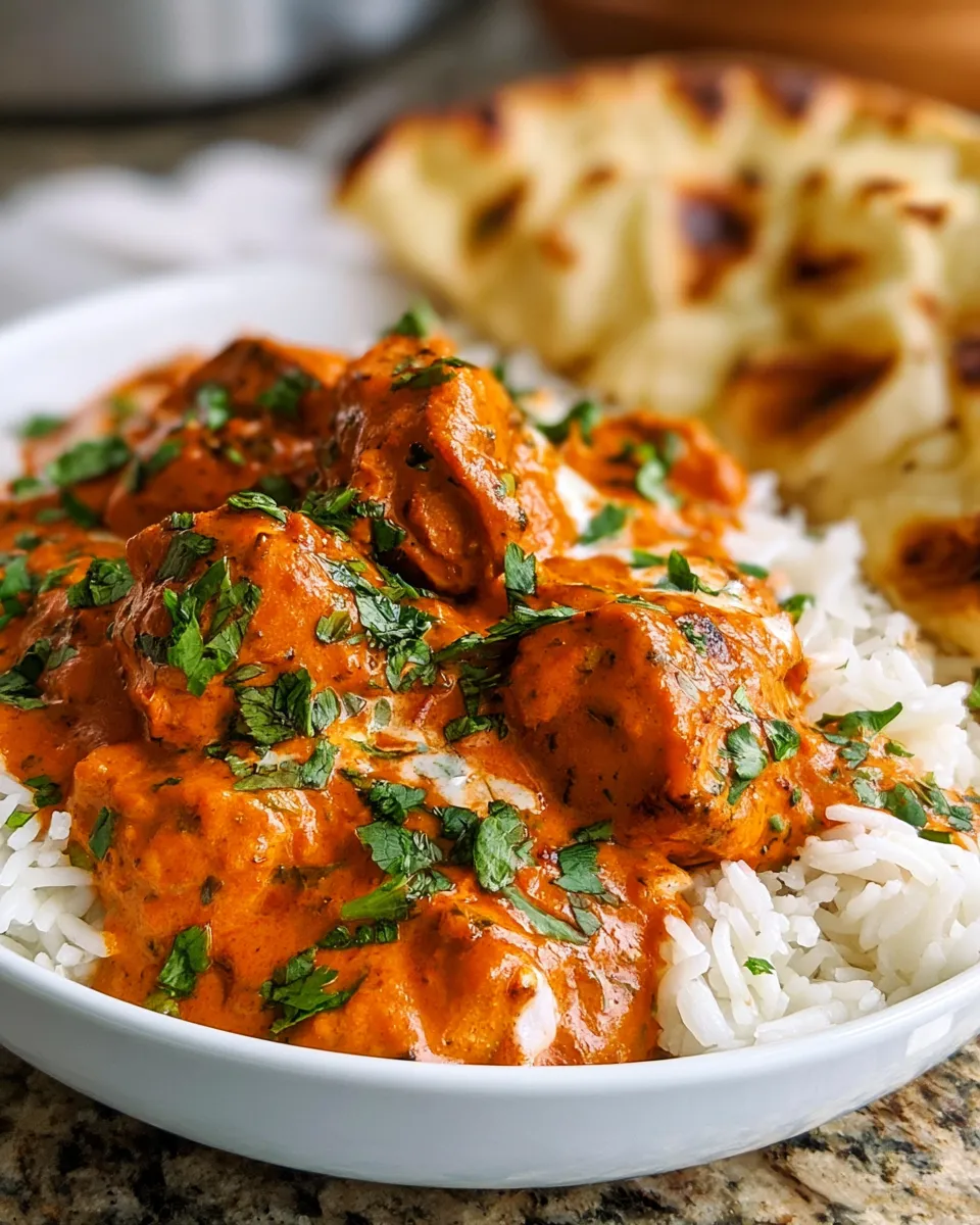 Chicken-Tikka-Masala Chicken Tikka Masala served on white rice, garnished with fresh herbs, with naan in the background.