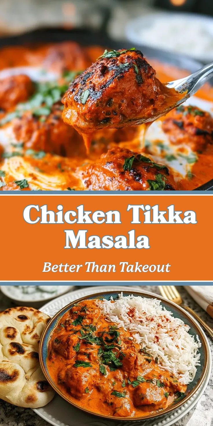 Authentic-Chicken-Tikka-Masala-pin Chicken tikka masala in a creamy orange sauce, served with white rice and naan bread, garnished with cilantro.