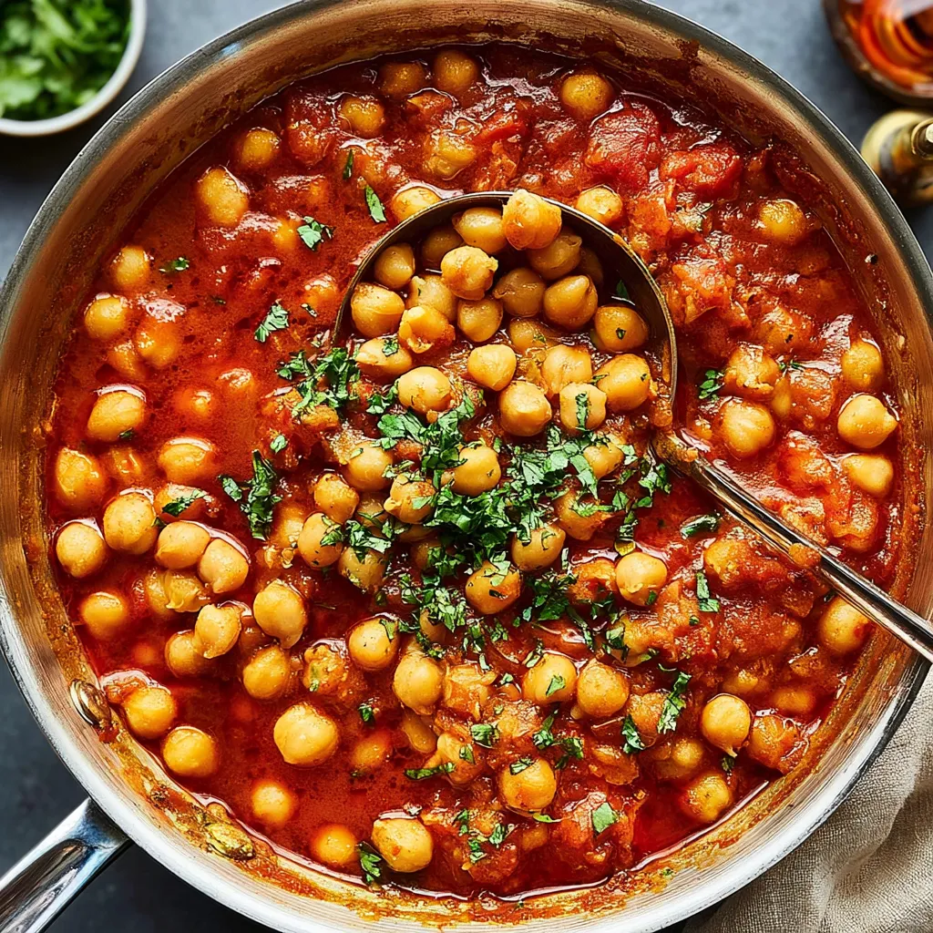 Chickpeas simmered in a rich tomato sauce, garnished with fresh cilantro, in a stainless steel pot.