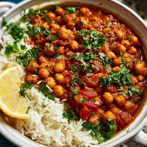 Chana Masala reicpe, Chickpeas in rich tomato sauce with cilantro, served on basmati rice, garnished with lemon and herbs.