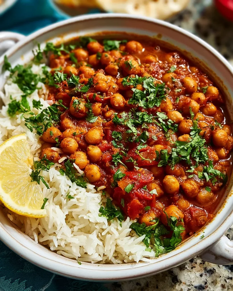 Chana Masala reicpe, Chickpeas in rich tomato sauce with cilantro, served on basmati rice, garnished with lemon and herbs.