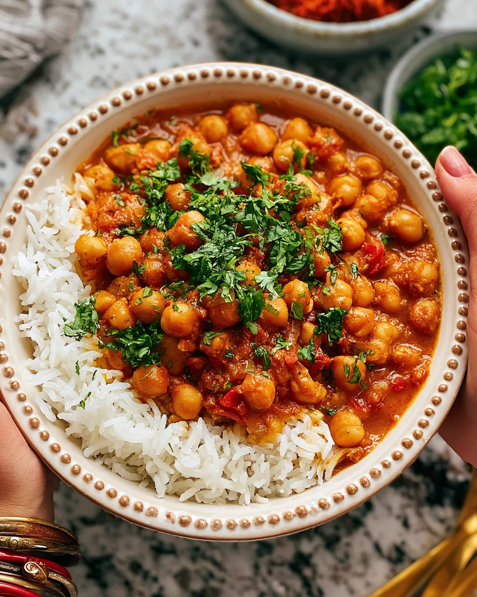 Chickpea curry served over fluffy white rice, garnished with fresh cilantro, vibrant colors, hearty appearance.