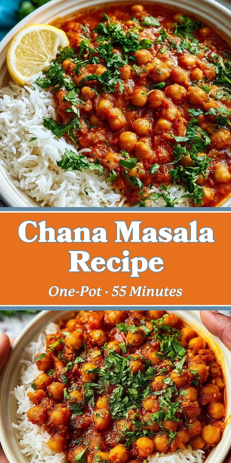 One-pot chana masala with chickpeas in rich tomato sauce, served over fluffy white rice, garnished with cilantro and lemon.