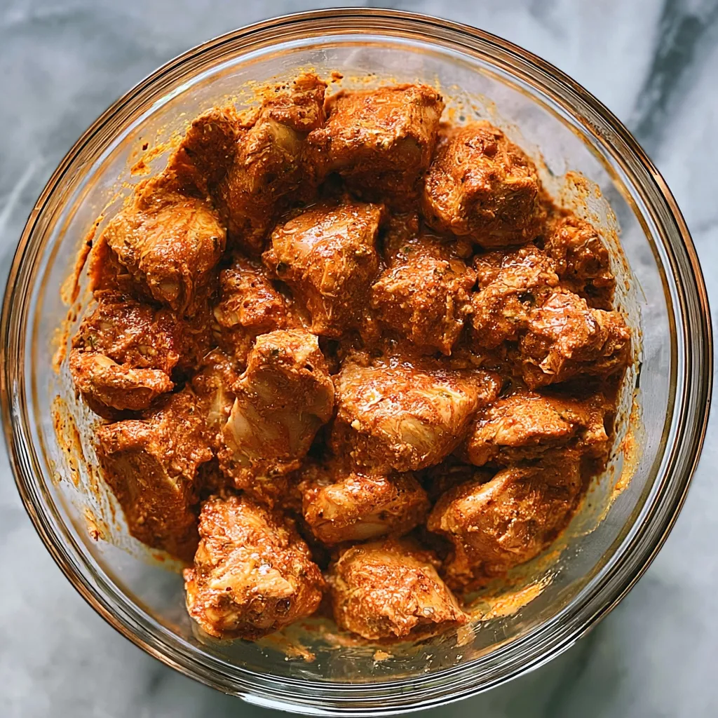 Chicken-Tikka-Masala-2 Marinated chicken pieces in a glass bowl, coated with spices and a rich orange hue, ready for cooking.