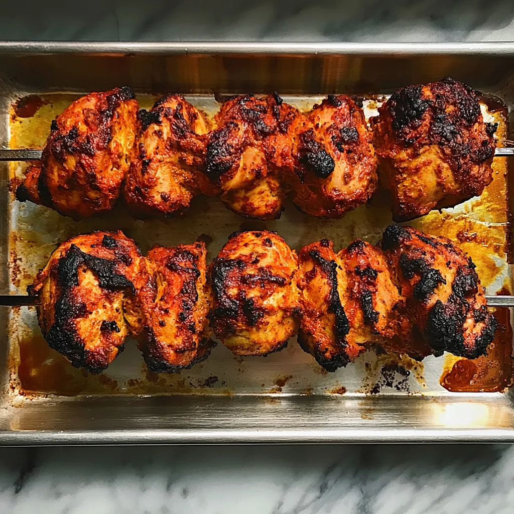 Chicken-Tikka-Masala-3 Grilled chicken skewers with a charred exterior, glazed with a rich marinade, on a stainless steel tray.