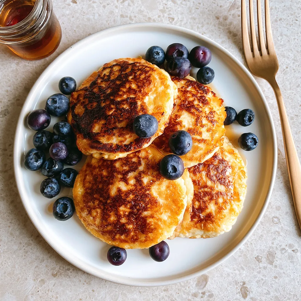 Fluffy pancakes topped with fresh blueberries, golden brown on a white plate; served with syrup.