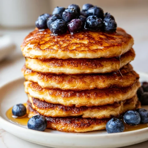 Fluffy Cottage Cheese Pancakes stacked high, topped with fresh blueberries and drizzled with syrup, golden brown edges.