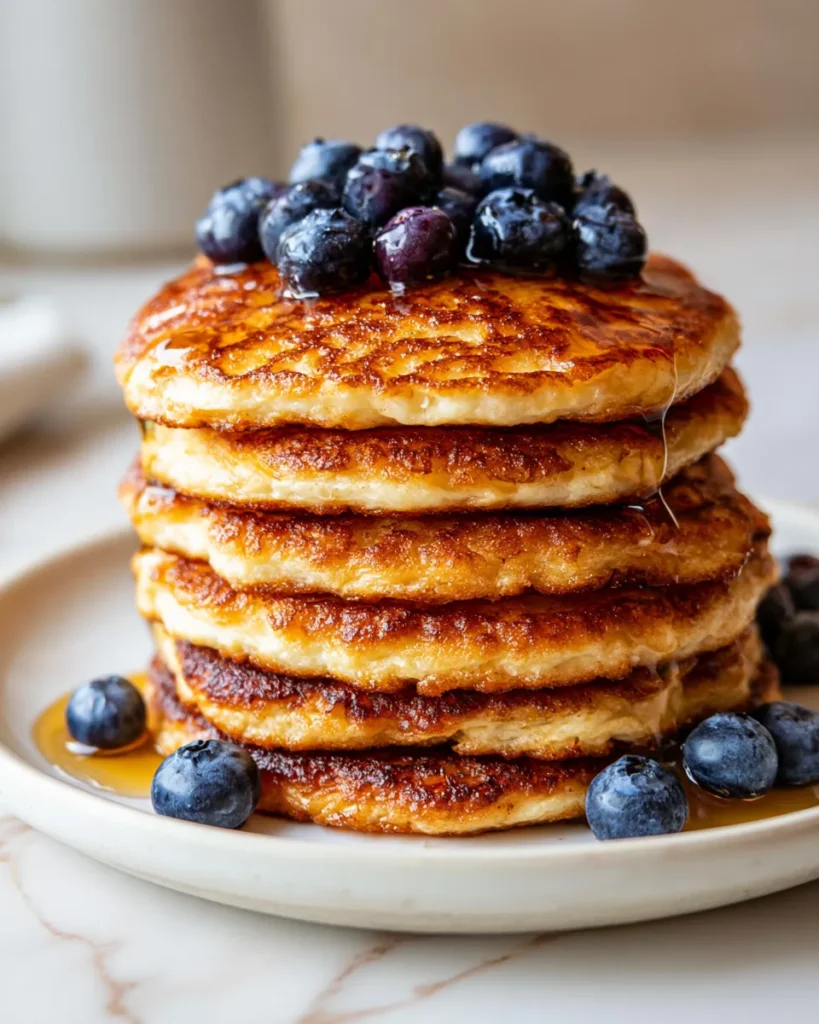 Fluffy Cottage Cheese Pancakes stacked high, topped with fresh blueberries and drizzled with syrup, golden brown edges.