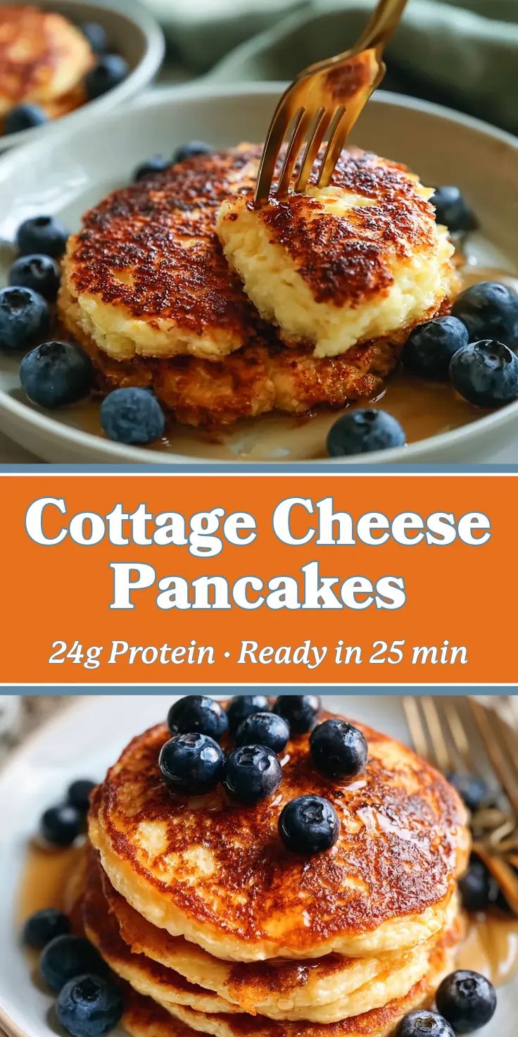 Fluffy cottage cheese pancakes topped with blueberries, golden-brown, served with syrup, ideal for breakfast.