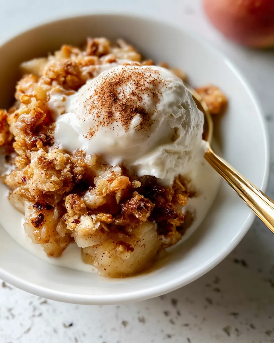 Crockpot Apple Crisp topped with vanilla ice cream, cinnamon, and a golden oat crumble in a white bowl.