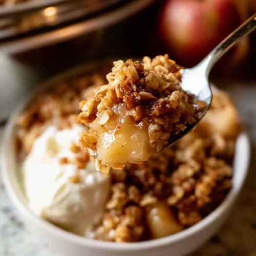 Baked apple crisp with oats, served with vanilla ice cream, featuring golden apples and a crunchy topping.