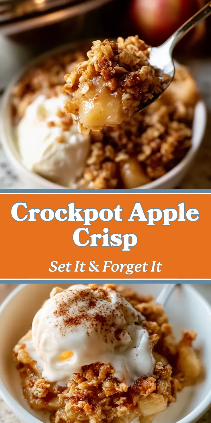 Warm crockpot apple crisp with a golden oat topping and creamy ice cream, garnished with cinnamon.