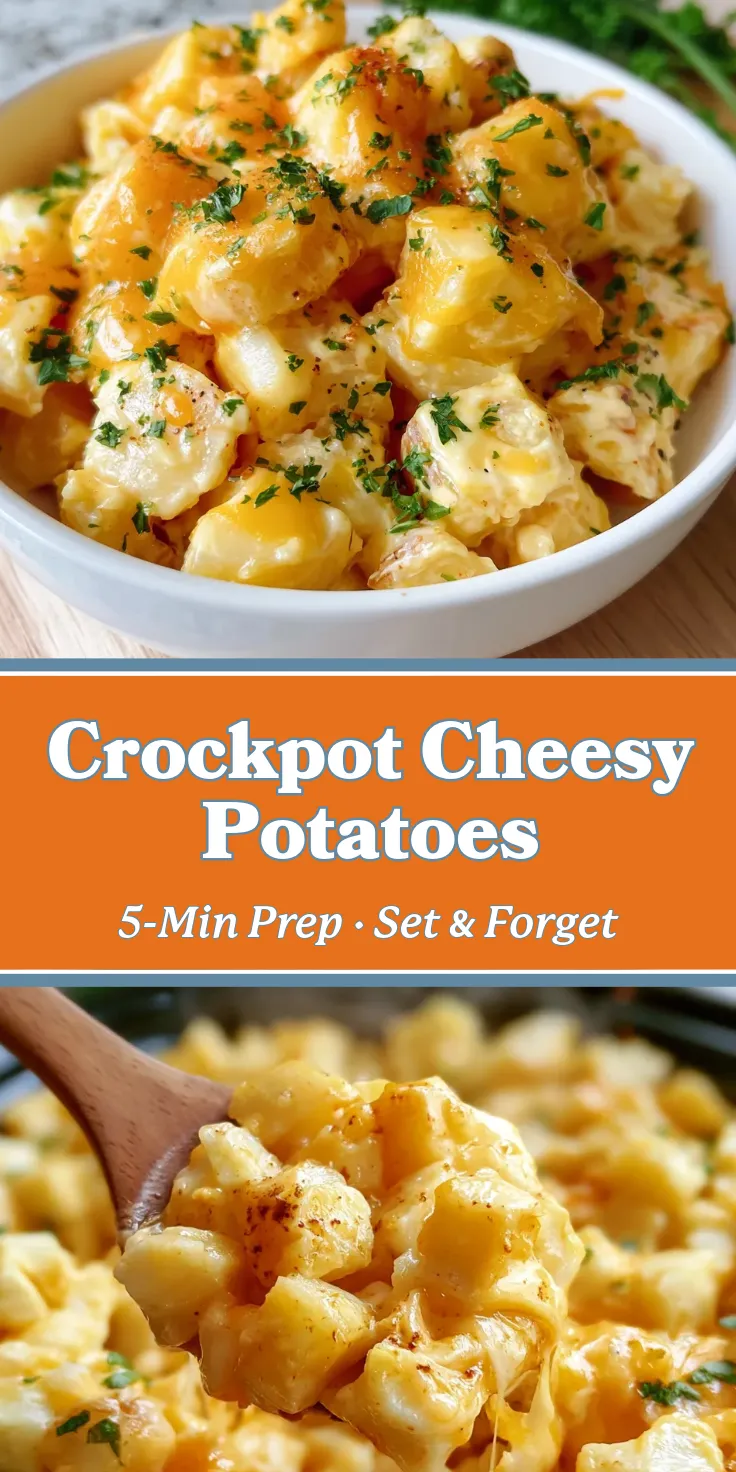 Creamy crockpot cheesy potatoes topped with parsley and cheddar, golden and bubbling, served in a white bowl.