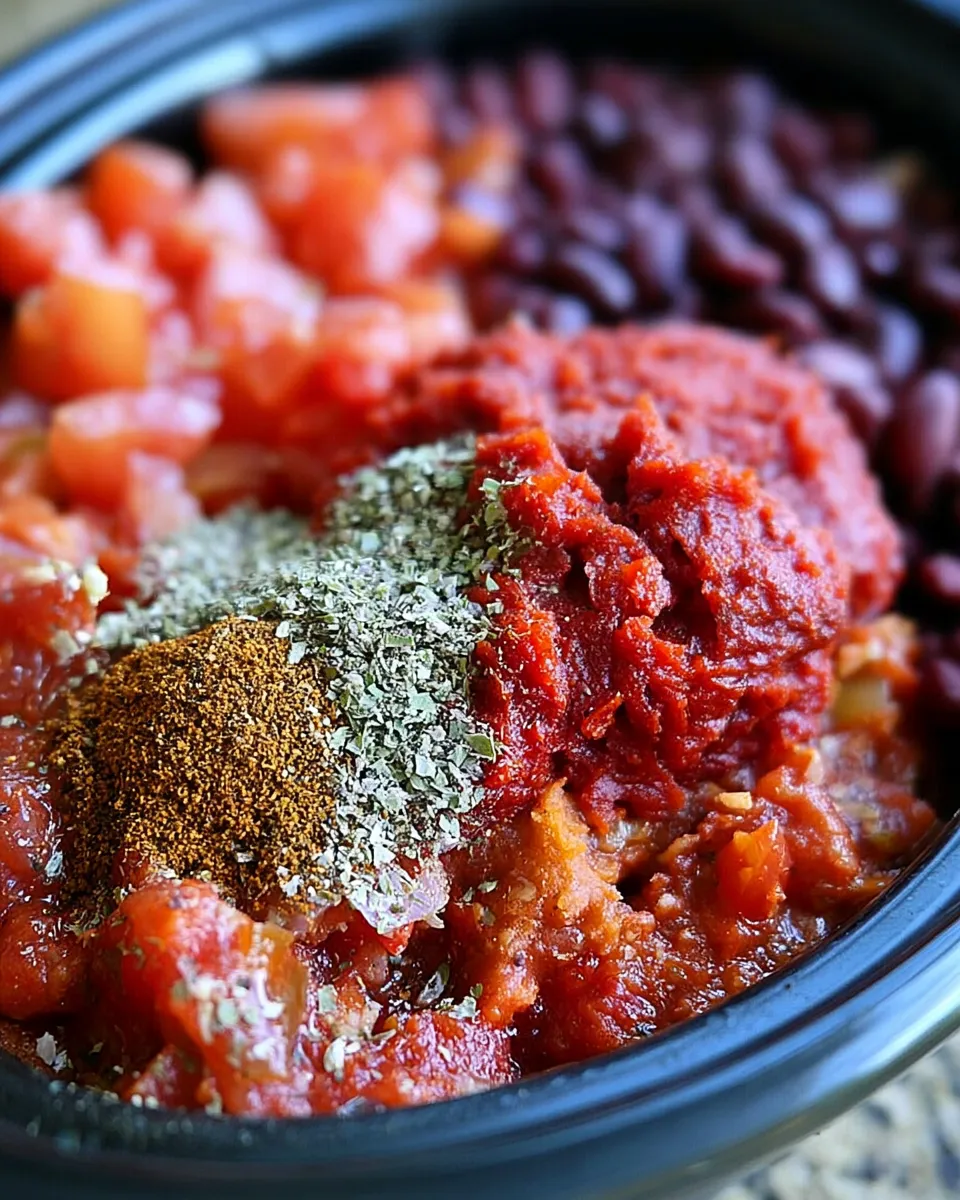 Crockpot-Chili-Recipe-2 A bowl of chili ingredients: diced tomatoes, red kidney beans, tomato paste, and spices.