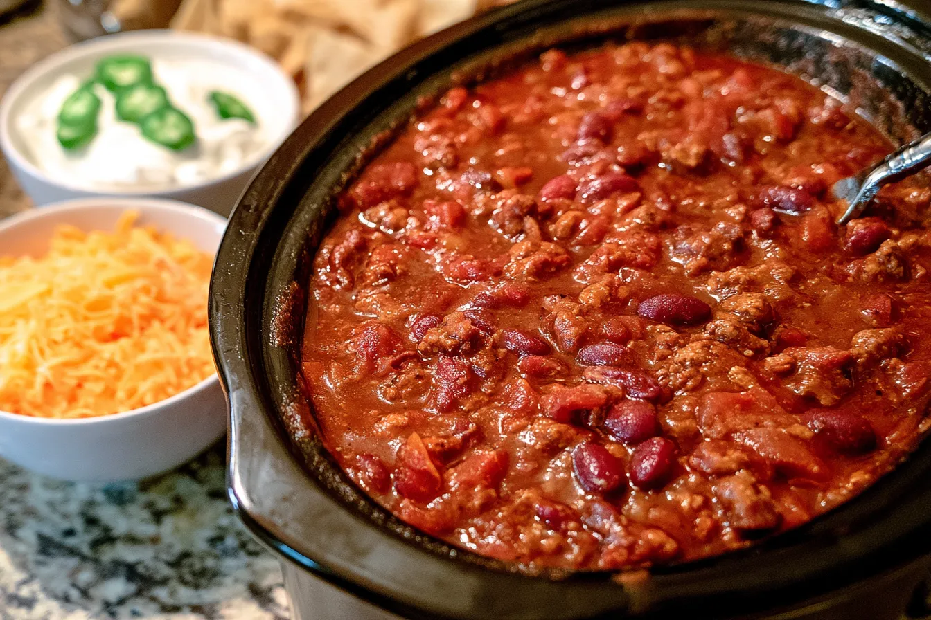 Crockpot-Chili-Recipe-5 Slow-cooked chili with ground beef, kidney beans, and tomatoes, garnished with cheese and jalapeños.