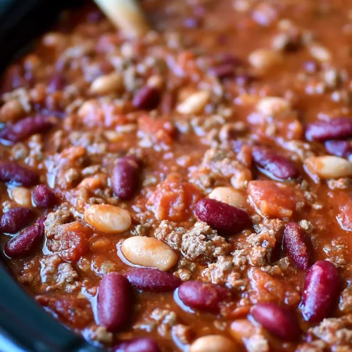 Crockpot Chili Recipe with ground beef, kidney beans, and white beans in a rich tomato sauce, garnished with herbs.