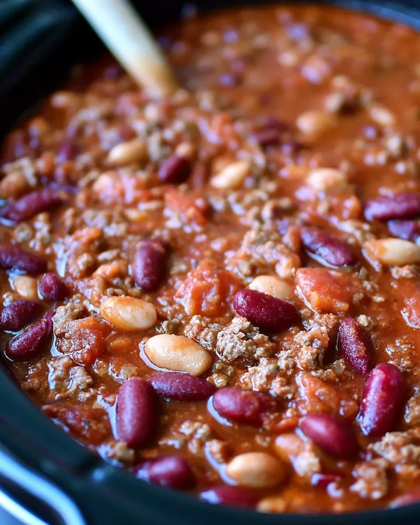 Crockpot Chili Recipe with ground beef, kidney beans, and white beans in a rich tomato sauce, garnished with herbs.