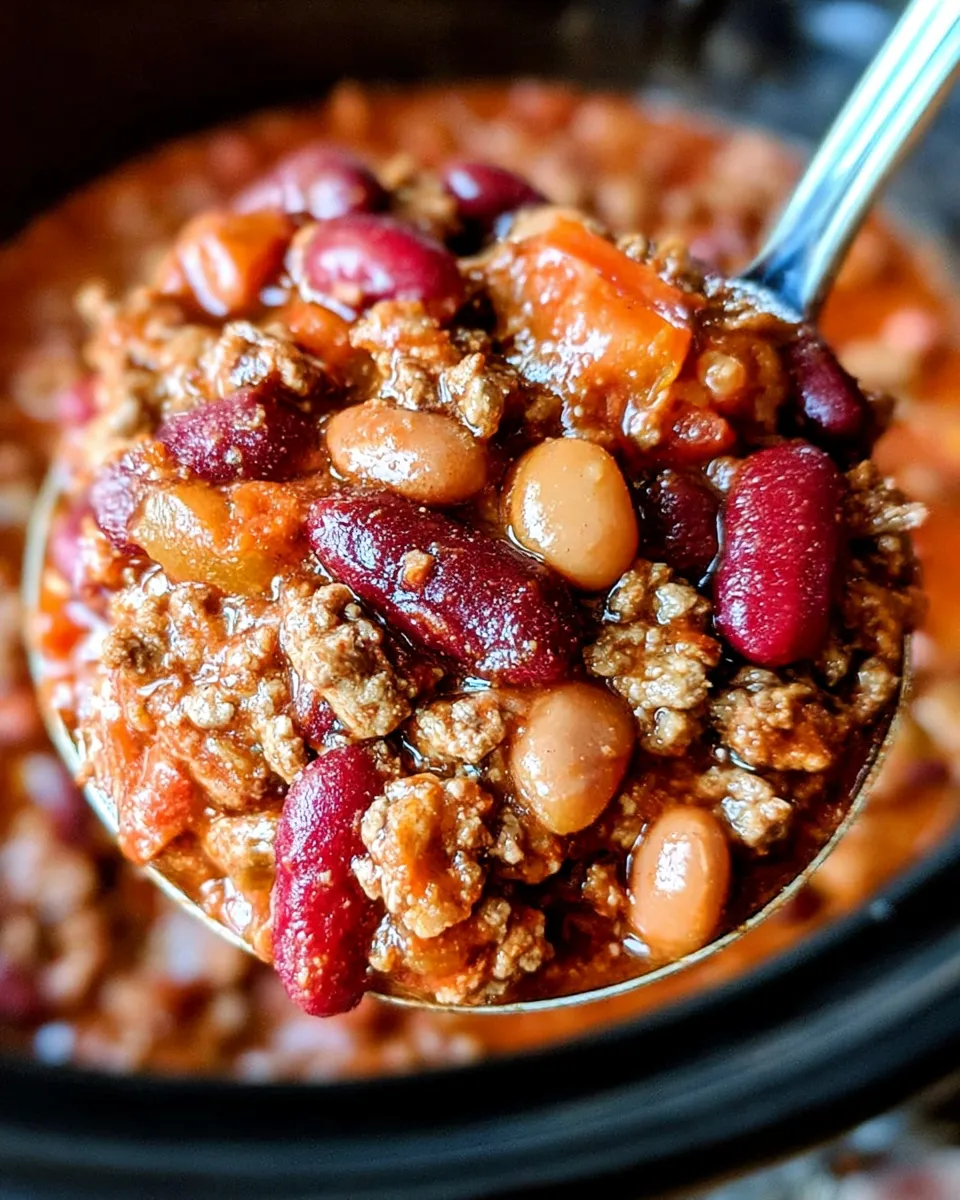 Crockpot-Chili-Recipe-3 Slow-cooked beef chili with red and pinto beans, featuring rich red hues and a thick, hearty consistency.