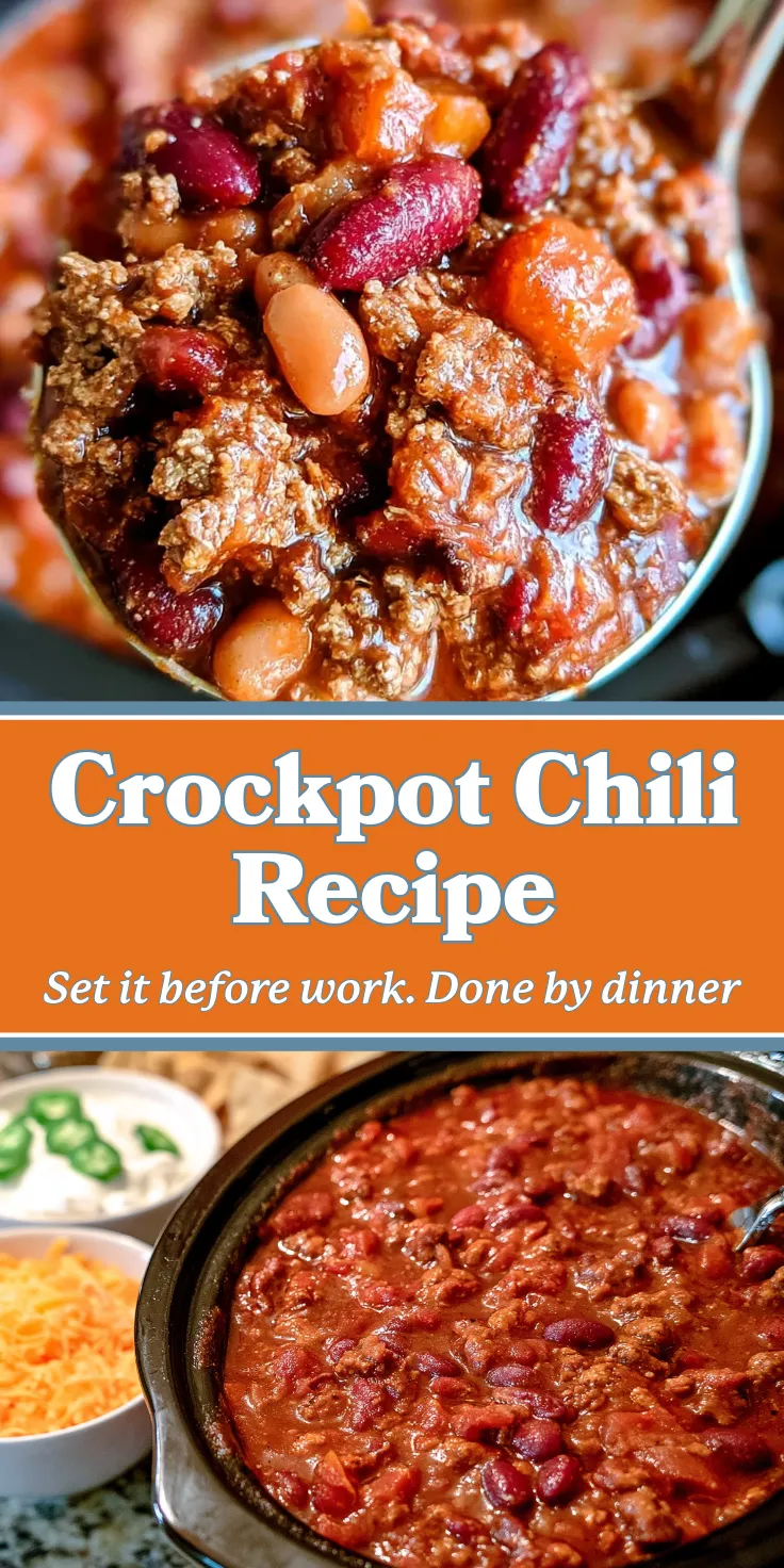 Crockpot-Chili-Recipe-pin Slow-cooked chili with ground beef, red kidney beans, and pinto beans, garnished and served hot.