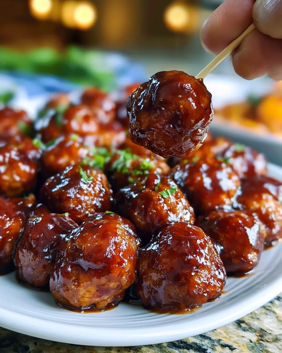 Sweet and sticky glazed meatballs, bright red sauce, garnished with green herbs, served on a white plate.