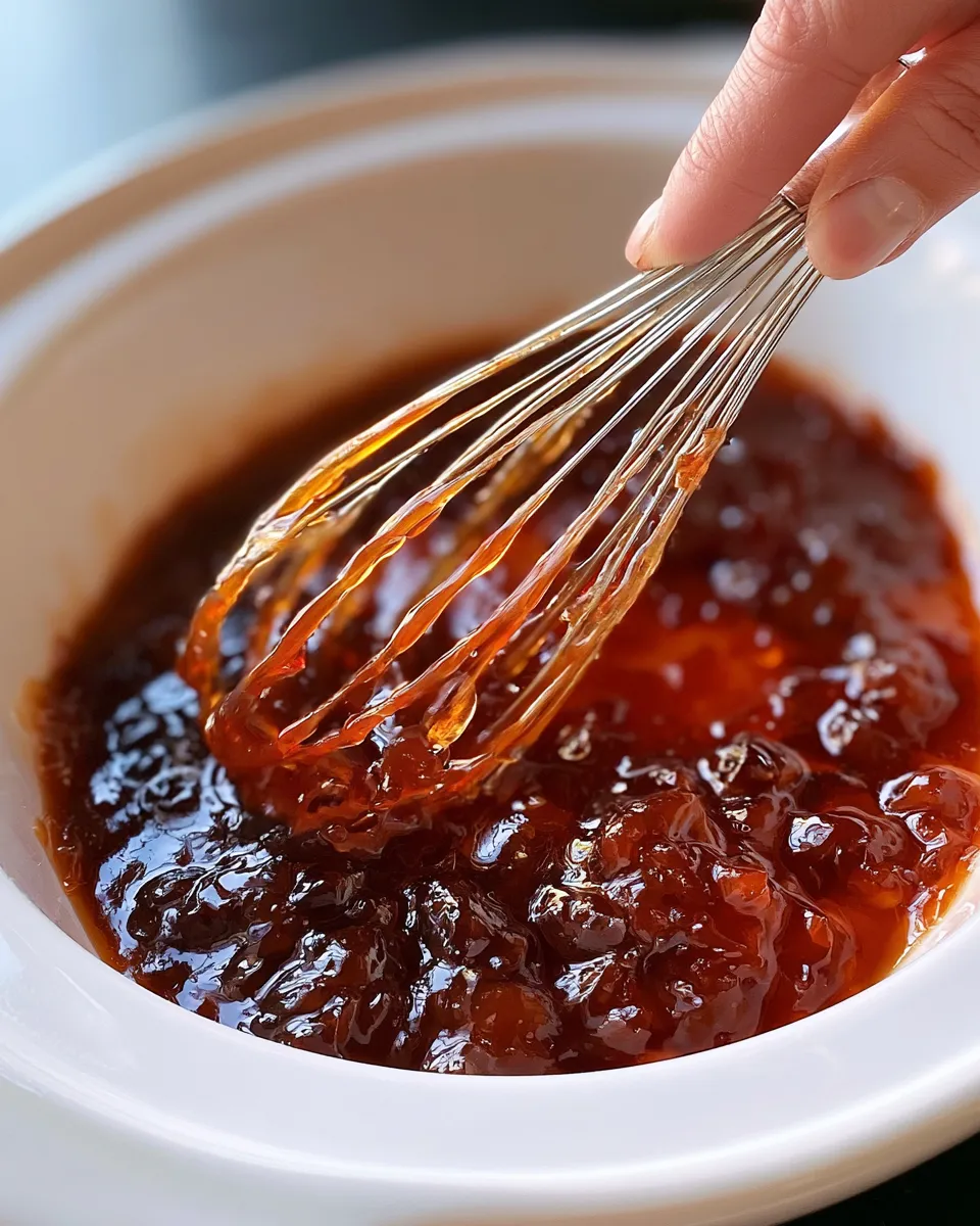 Whisking a glossy, dark sauce in a white bowl; looks rich and sticky, possibly a glaze or syrup.