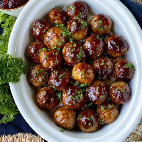 Crockpot Grape Jelly Meatballs in a white dish, garnished with parsley, served alongside a small bowl of cranberries.