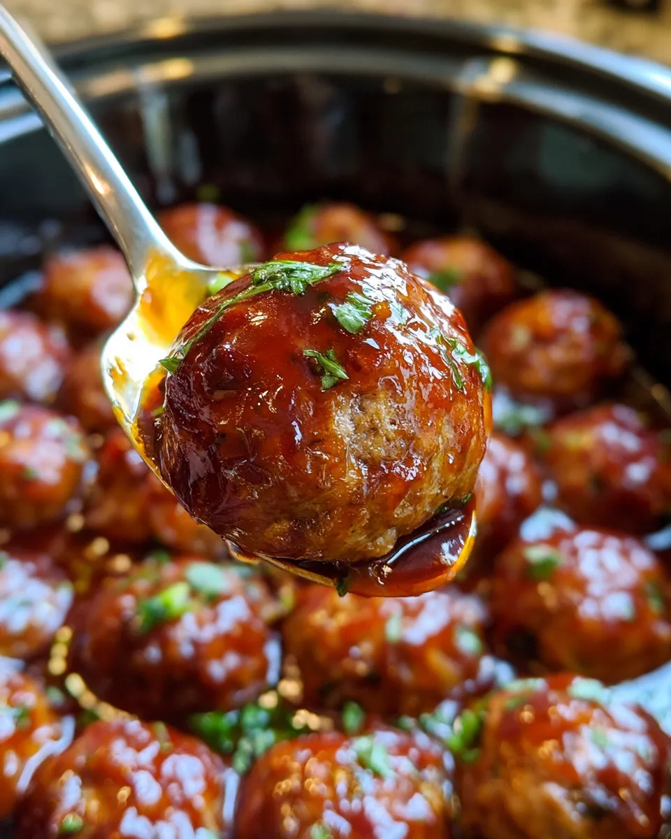 A close-up of a glazed meatball on a spoon, garnished with herbs, surrounded by more meatballs.