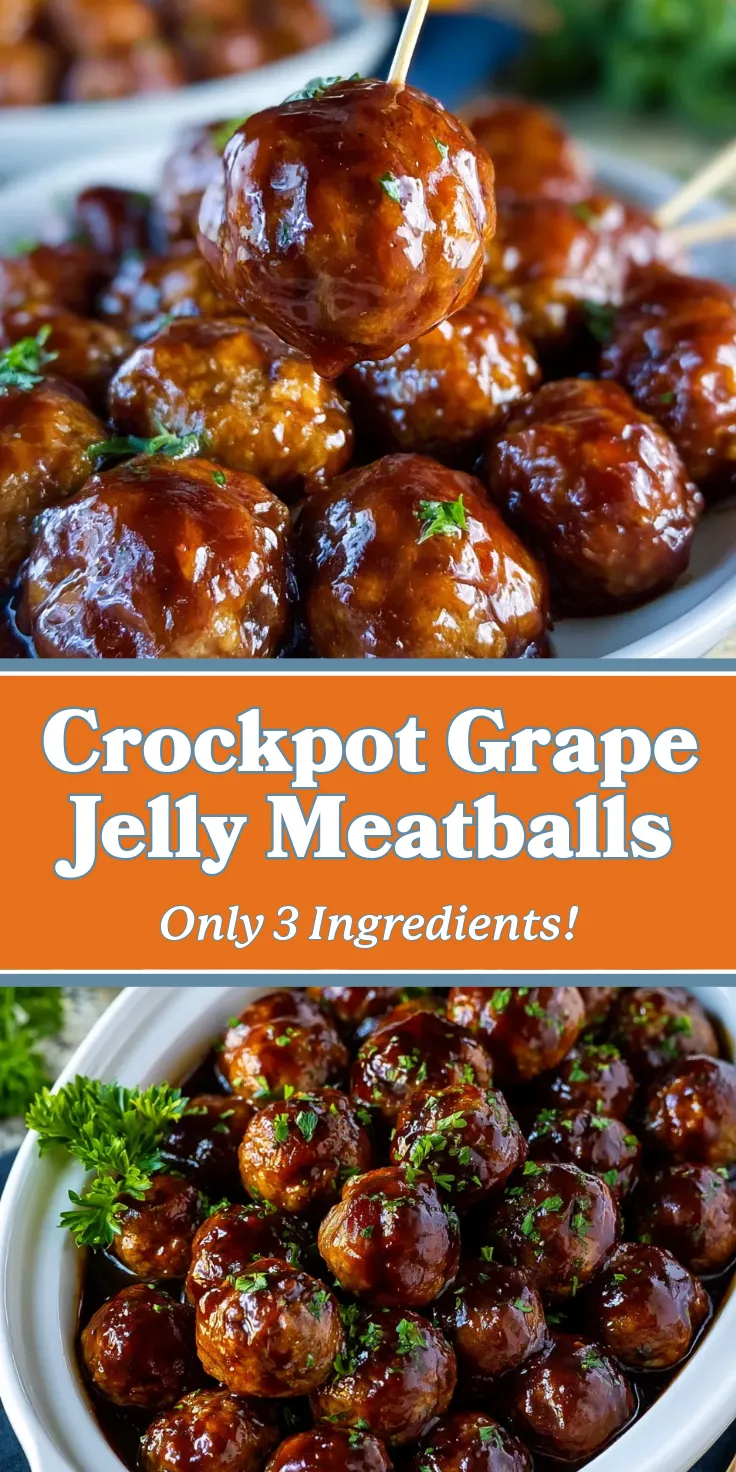 Sweet and savory crockpot meatballs coated in grape jelly sauce, garnished with parsley, served on a platter.