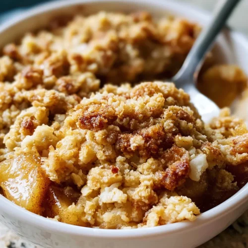 Gluten Free Apple Crisp: Baked apple crisp with oat topping; golden brown crust, soft apples peeking through, served in a white bowl.
