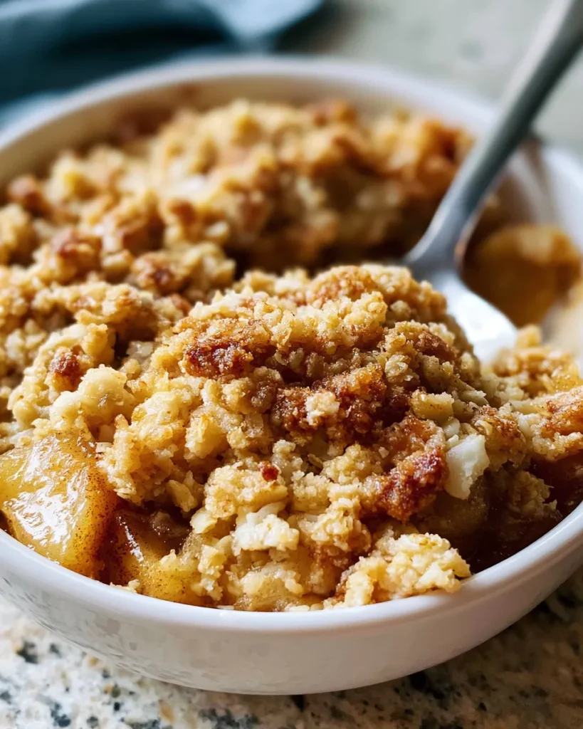 Gluten Free Apple Crisp: Baked apple crisp with oat topping; golden brown crust, soft apples peeking through, served in a white bowl.