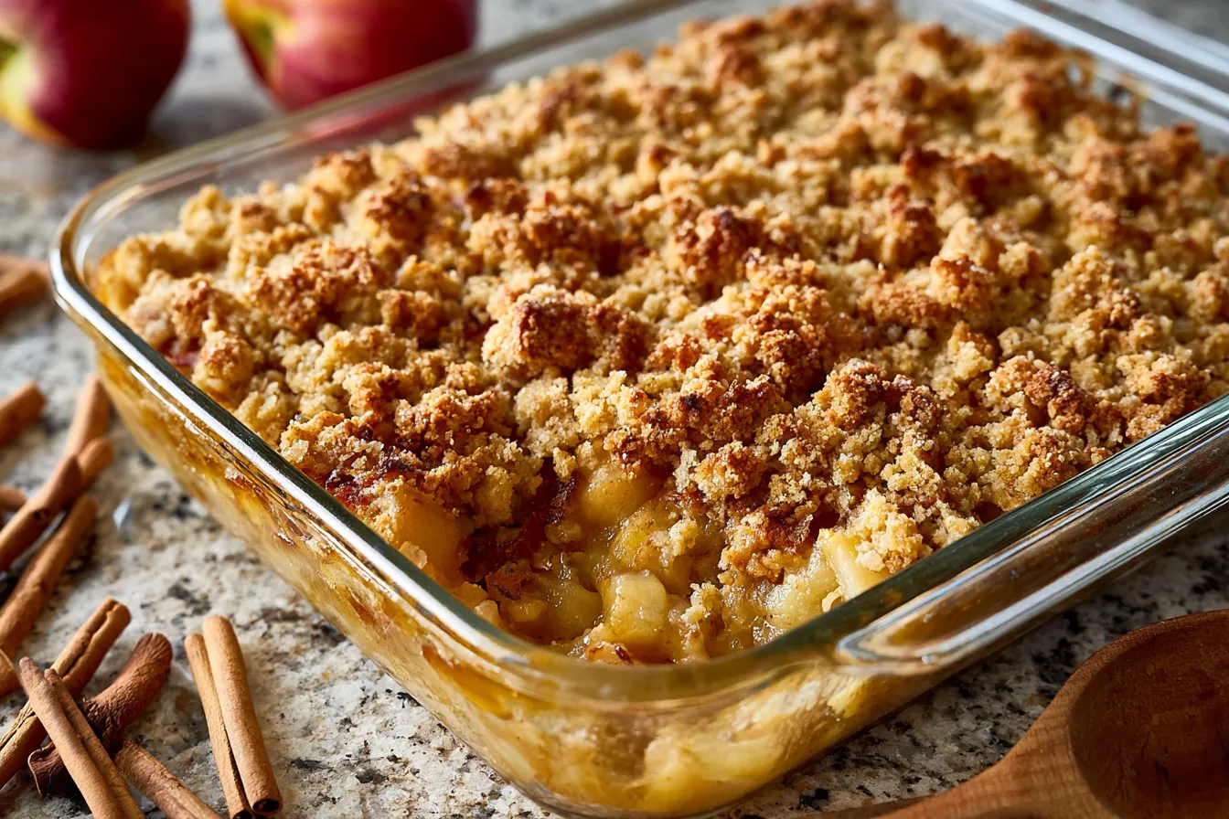 Gluten-Free-Apple-Crisp-3 Baked apple crisp with crumbly topping, golden-brown crust, served in a glass dish alongside cinnamon sticks.