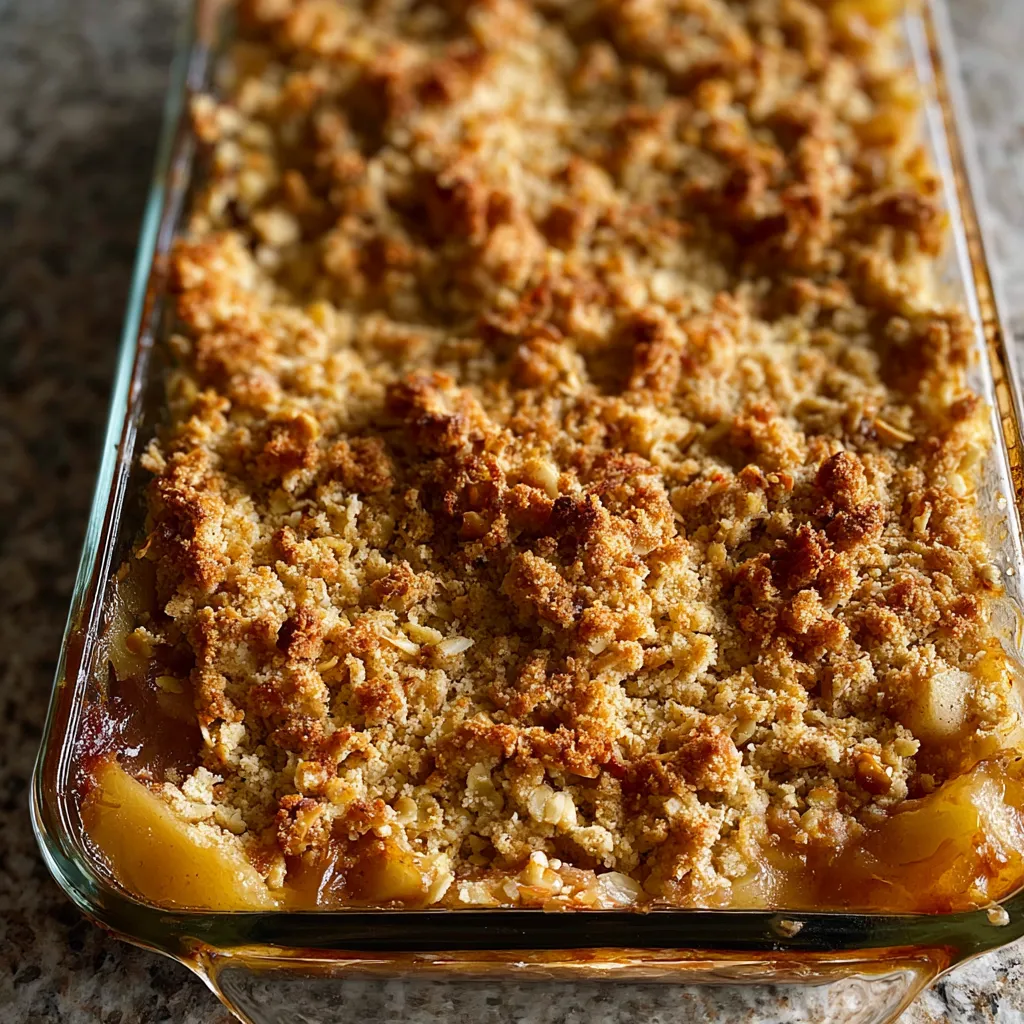 Gluten-Free-Apple-Crisp-2 Baked apple crisp with a golden brown oat topping, filled with soft, caramelized apples, in a glass dish.