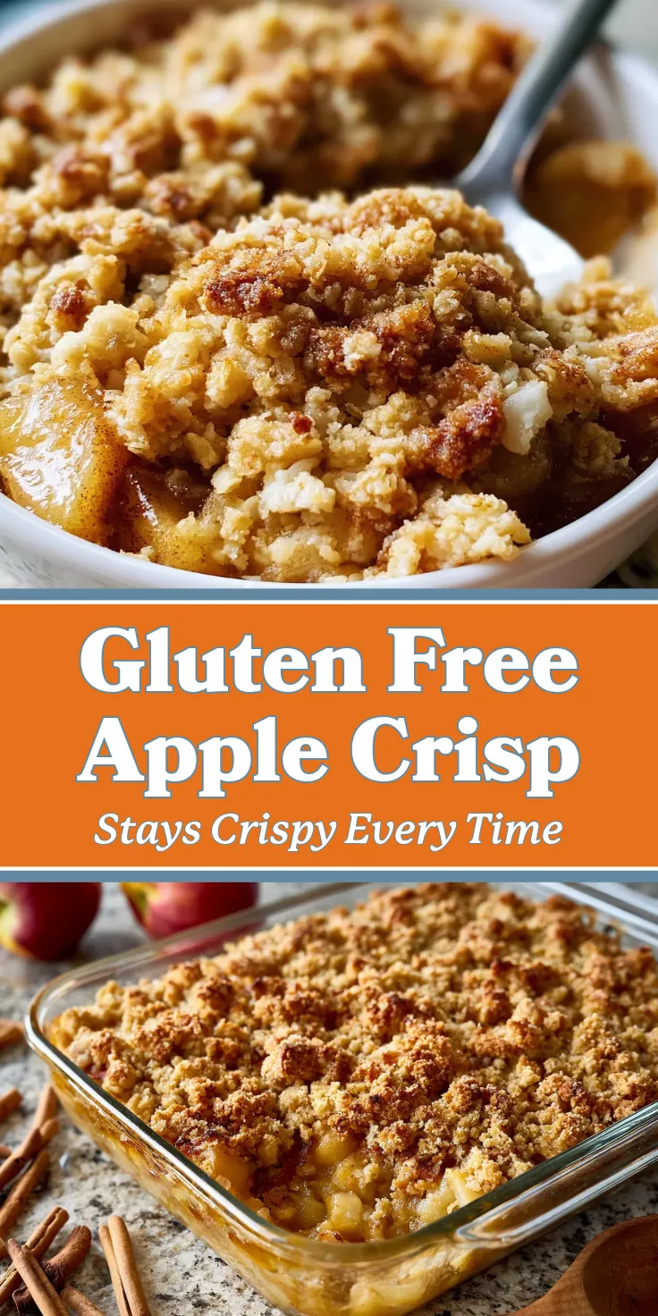 Gluten-Free-Apple-Crisp-pin Baked gluten-free apple crisp with a crumbly topping of oats and cinnamon, golden-brown appearance, served warm.
