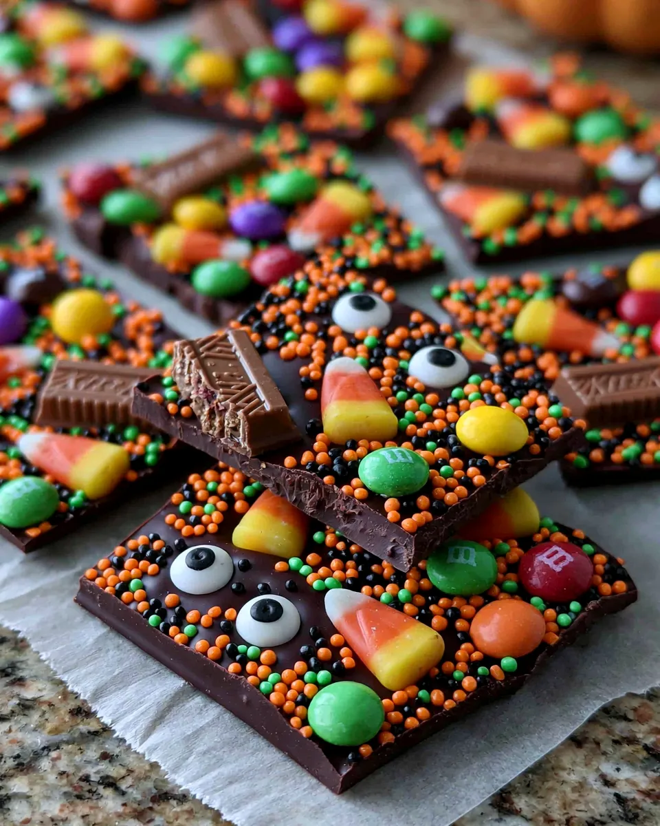 Halloween-Chocolate-Bark-2 Halloween-themed chocolate bark with candy, sprinkles, and colorful candies, garnished with candy eyes.