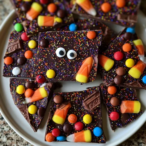 Colorful Halloween Chocolate Bark topped with candy corn, chocolate pieces, and sprinkles, cut into bite-sized squares.
