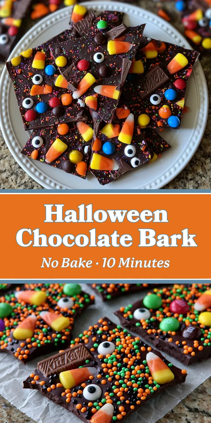 Halloween-Chocolate-Bark-pin No-bake chocolate bark topped with candy corn, colorful sprinkles, and candy-coated chocolates; vibrant appearance.