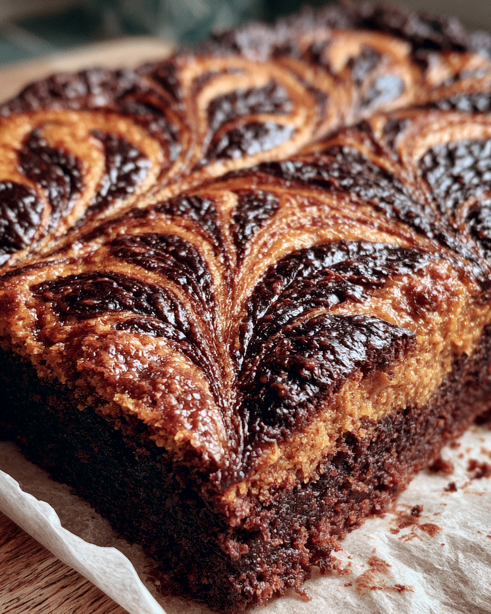 Moist layered cake with a marbled pattern, rich in chocolate and caramel colors, baked to golden perfection.