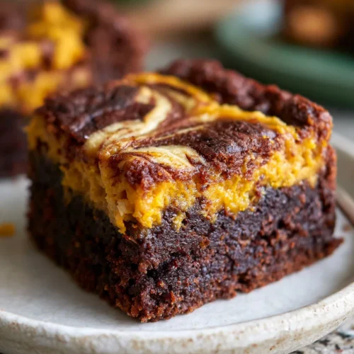 Rich pumpkin brownies with a swirl of golden pumpkin cream cheese filling, showcasing a marbled appearance.