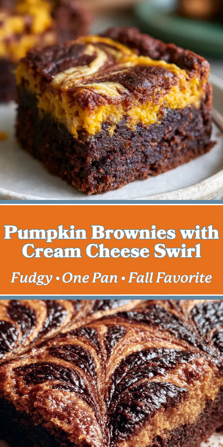 Pumpkin brownies with a cream cheese swirl, fudgy texture, and a golden-brown top with intricate dark patterns.