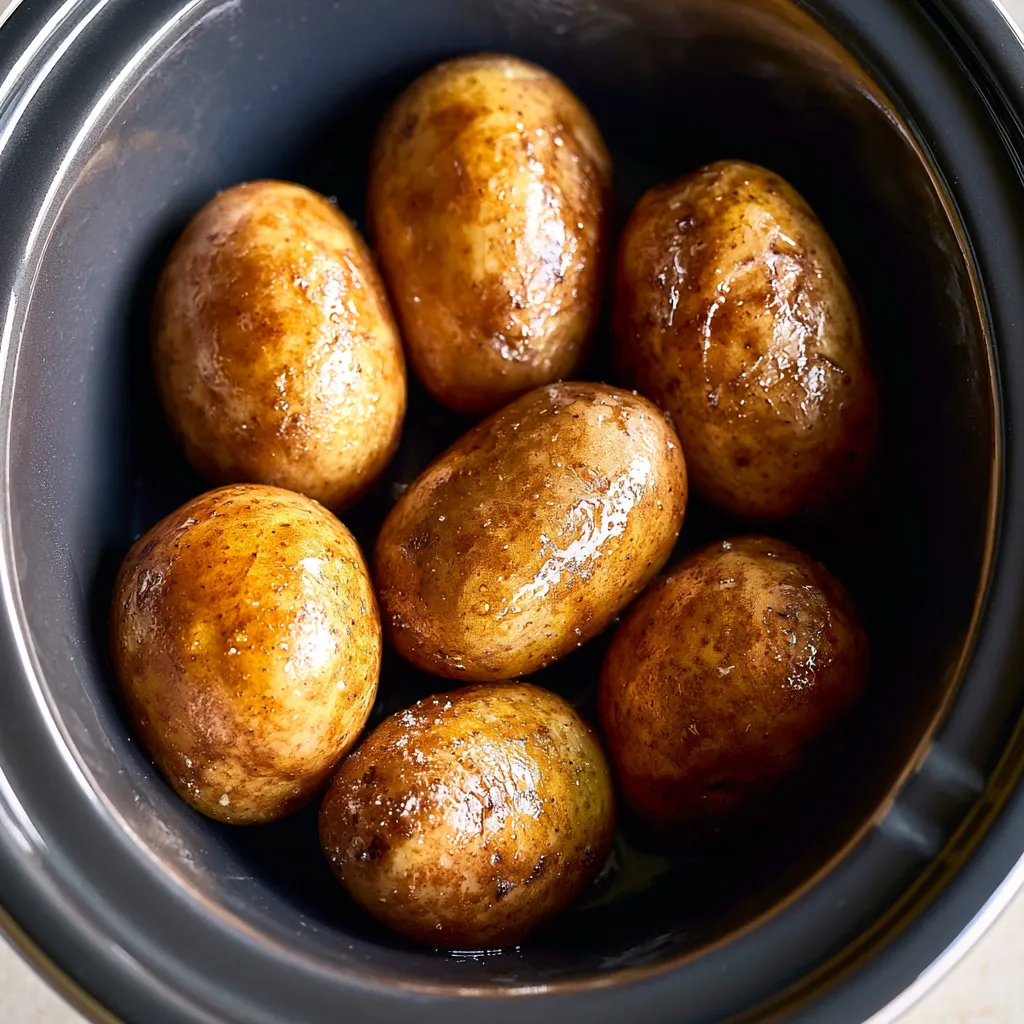 Golden-brown, slow-cooked baby potatoes, glistening with seasoning in a dark pot, partially submerged in juices.