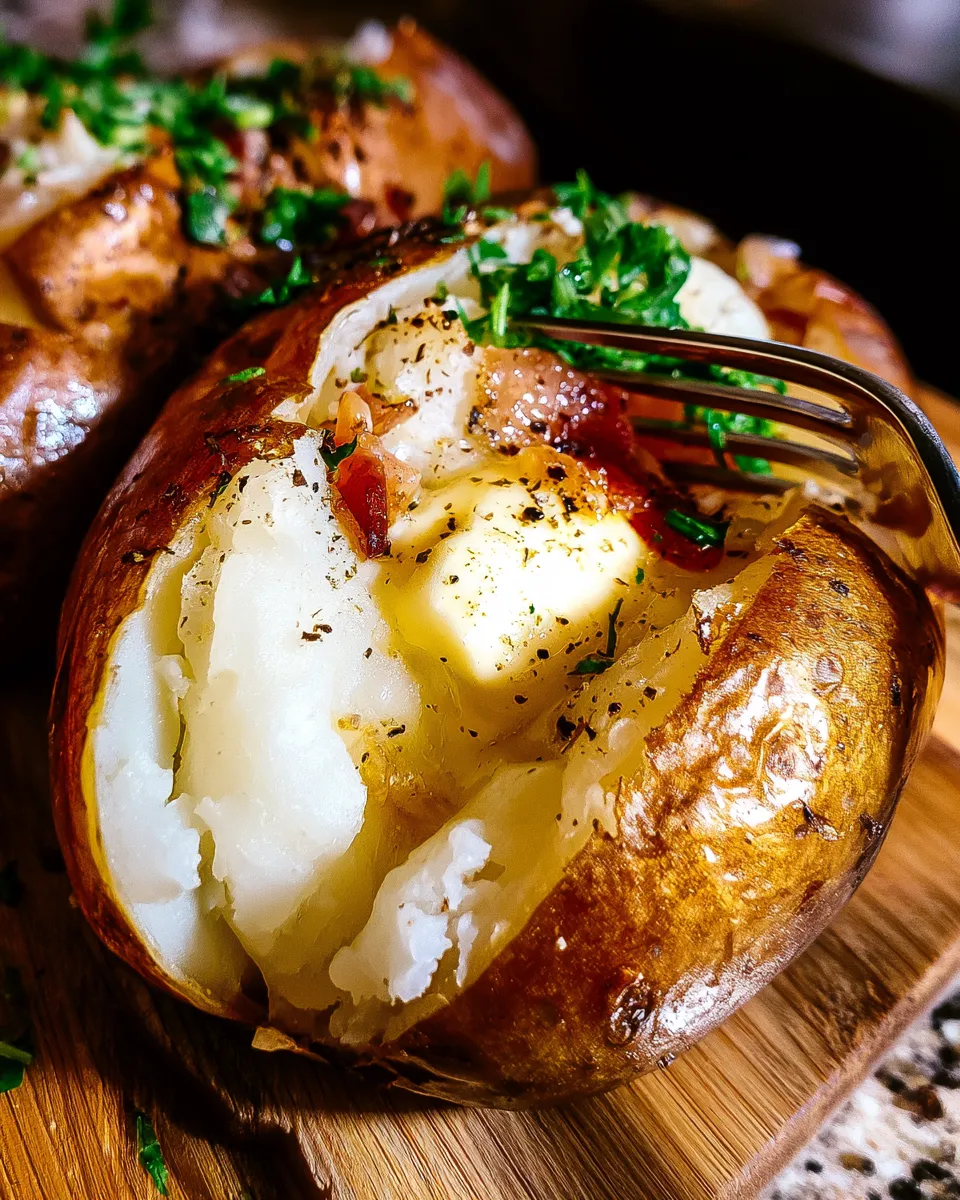 Baked potato with butter, bacon, and herbs; golden skin, fluffy inside, garnished with green onions.