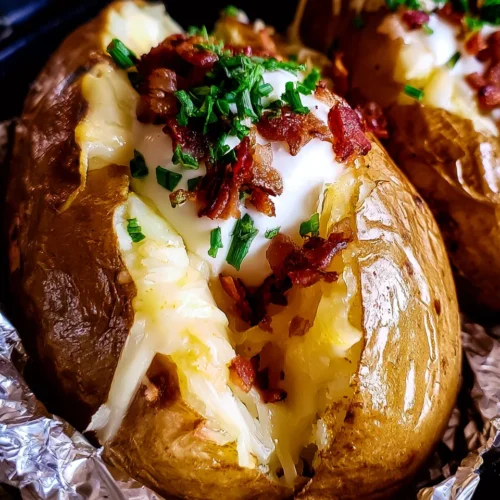 Slow Cooker Baked Potatoes topped with sour cream, crispy bacon bits, and fresh chives, served in foil.