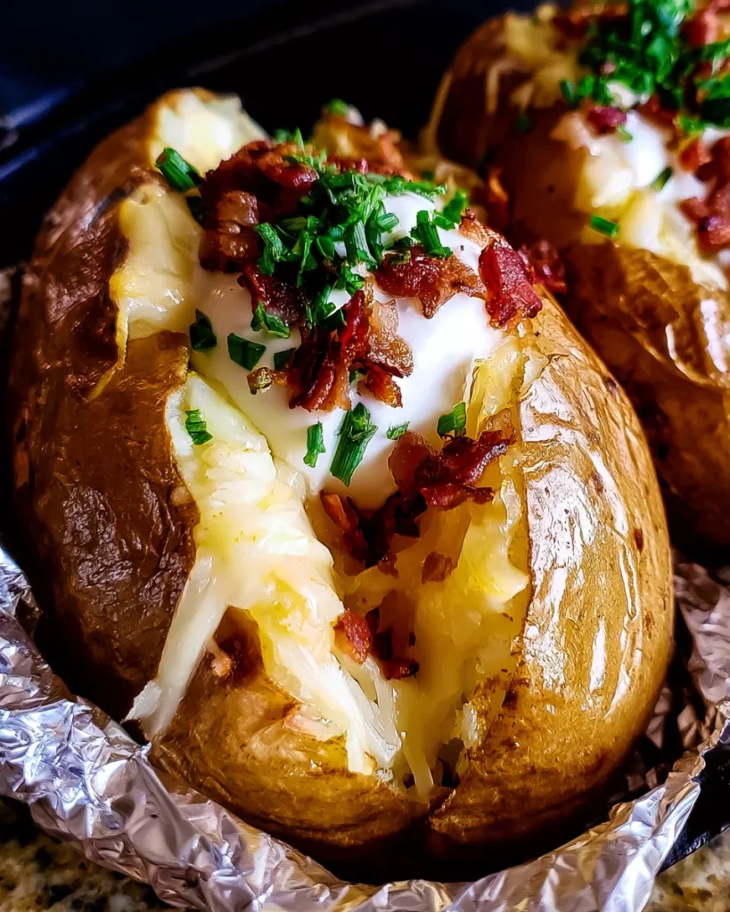 Slow Cooker Baked Potatoes topped with sour cream, crispy bacon bits, and fresh chives, served in foil.